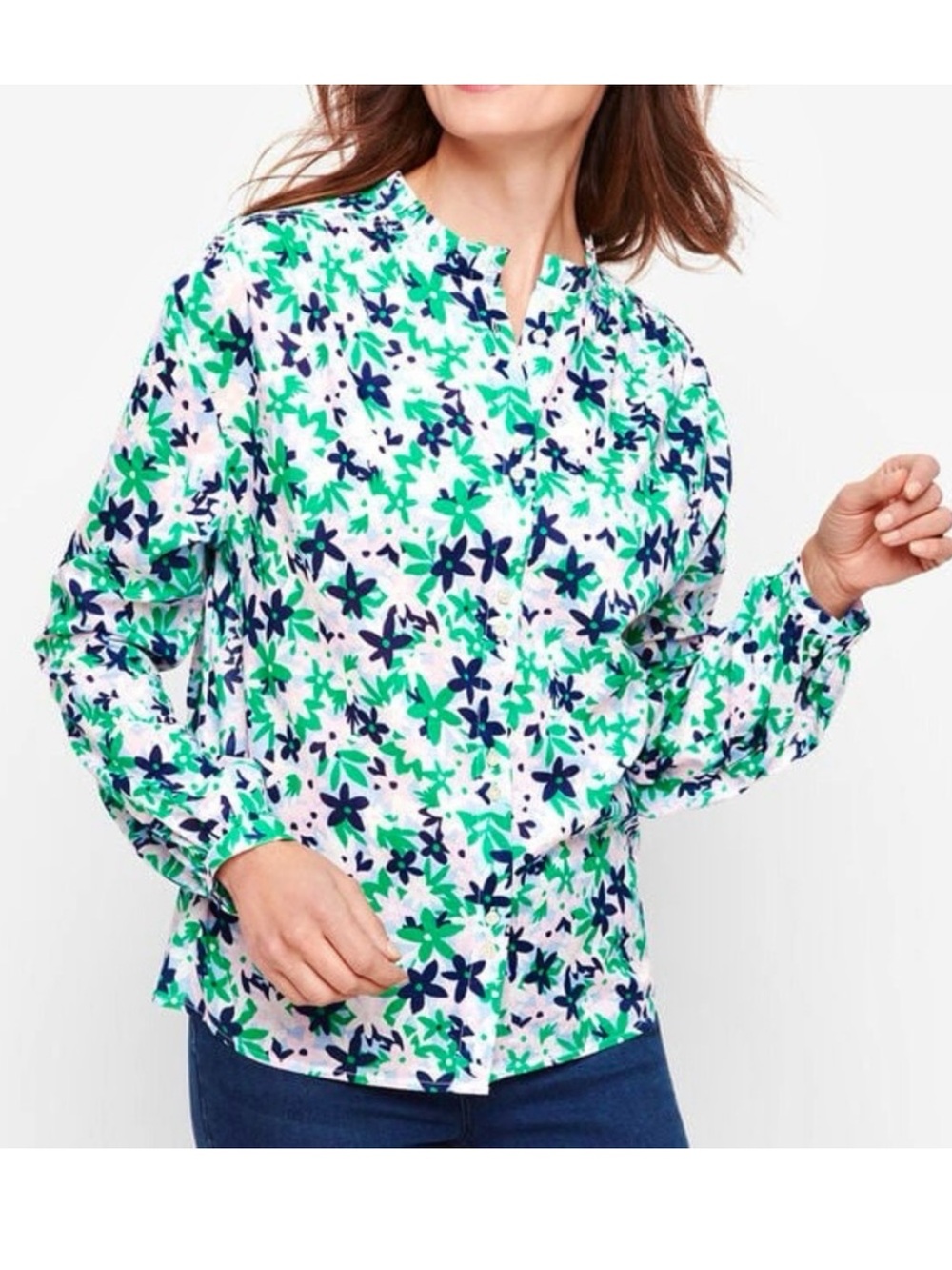Talbots Floral Button Front Blouse Women’s Sz 2X Ruffle Collar Colorful Smocked